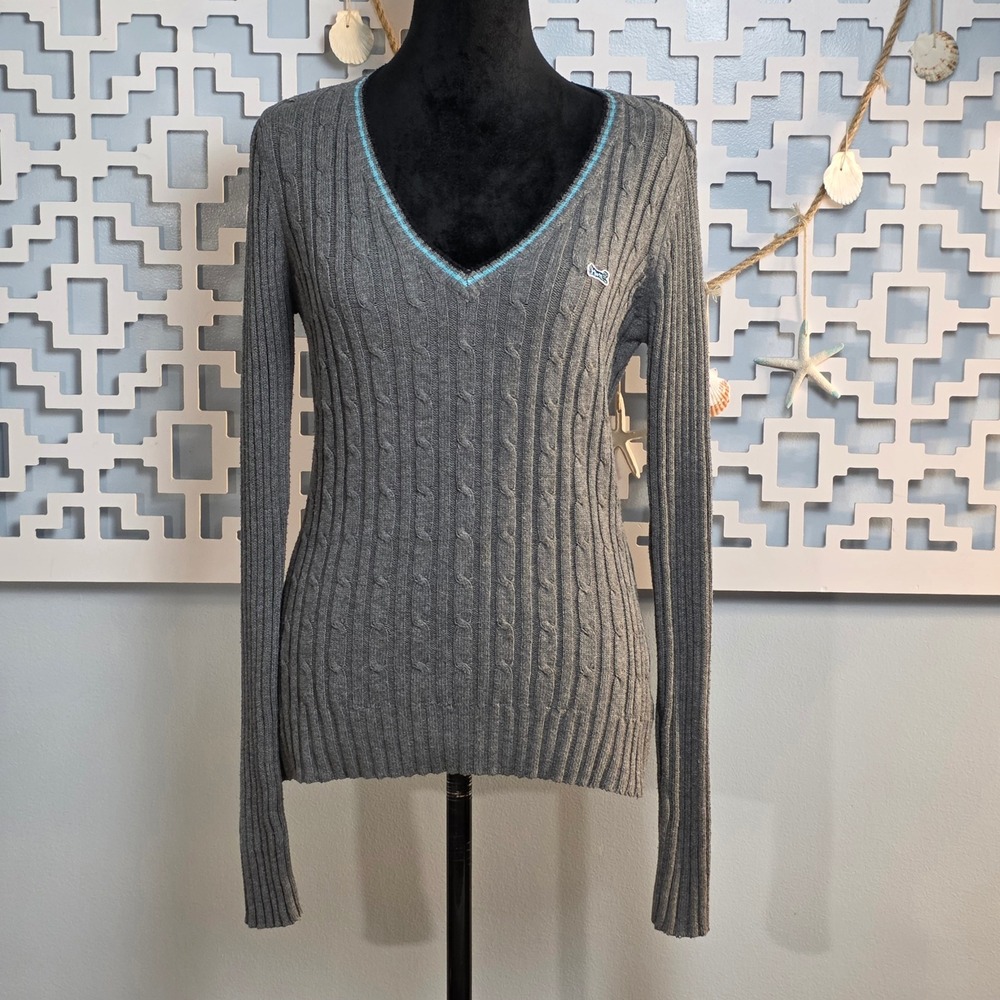 Le Tigre Womens Grey Cable Knit V-Neck Sweater Blue Trim Logo Size L